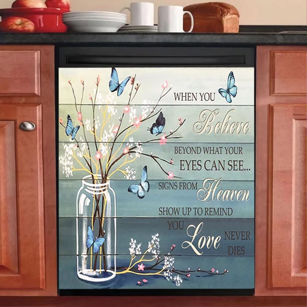 Floral Butterfly Dishwasher Magnet Cover -When You Believe Beyond What Your Eyes Can See Decals Magnetic Decoration,Flower Vase Dishwasher Magnets Decal for Home Kitchen Appliance Decor 23"x26"