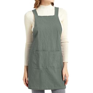 elezay aprons for women with pockets plus size comfort cross back no tie cotton linen apron pinafore for cooking painting floral arrangement gardening cleaning medium, green