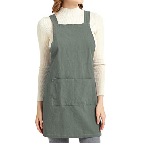 ELEZAY Aprons for Women with Pockets Plus Size Comfort Cross Back No Tie Cotton Linen Apron Pinafore for Cooking Painting Floral Arrangement Gardening Cleaning Medium, Green