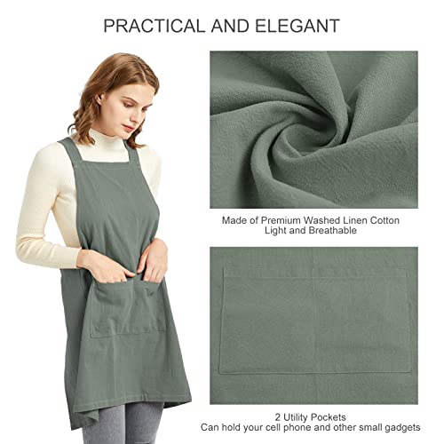 ELEZAY Aprons for Women with Pockets Plus Size Comfort Cross Back No Tie Cotton Linen Apron Pinafore for Cooking Painting Floral Arrangement Gardening Cleaning Medium, Green