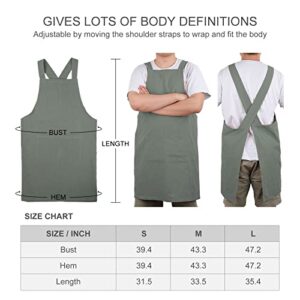 ELEZAY Aprons for Women with Pockets Plus Size Comfort Cross Back No Tie Cotton Linen Apron Pinafore for Cooking Painting Floral Arrangement Gardening Cleaning Medium, Green