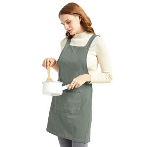 ELEZAY Aprons for Women with Pockets Plus Size Comfort Cross Back No Tie Cotton Linen Apron Pinafore for Cooking Painting Floral Arrangement Gardening Cleaning Medium, Green