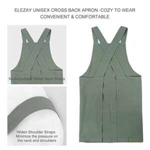 ELEZAY Aprons for Women with Pockets Plus Size Comfort Cross Back No Tie Cotton Linen Apron Pinafore for Cooking Painting Floral Arrangement Gardening Cleaning Medium, Green