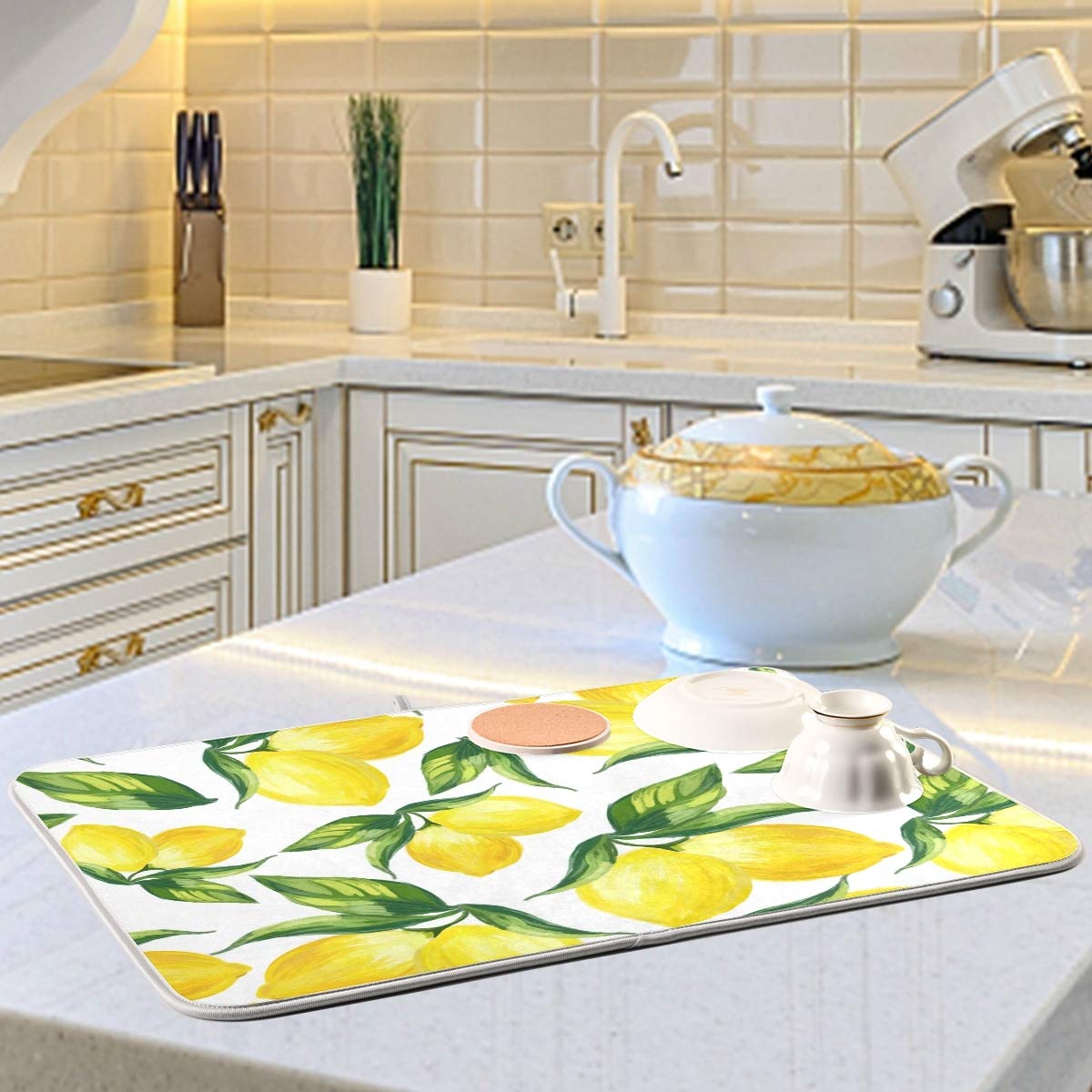 Qilmy Lemon Dish Drying Mat Absorbent Reversible Tableware Mat for Kitchen Countertop Home Decoration, 16 x 18 Inch