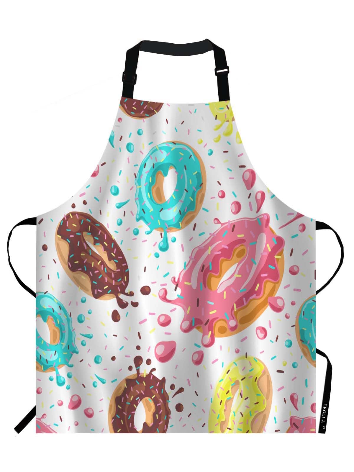 EKOBLA Donuts Aprons Pink Chocolate Lemon Donuts Dessert Colored Splashes Sprinkels Waterproof Resistant Chef Cooking Kitchen BBQ Adjustable Aprons for Women Men 27x31 Inch