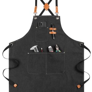 Chef Grill or Work Aprons for Women and Men with Large Pockets, Cross Back Waterproof Chef Apron, Adjustable Painting, Barbecue, Kitchen Cooking, Baking Apron, Work Shop Accessories M-XXL(BLACK)