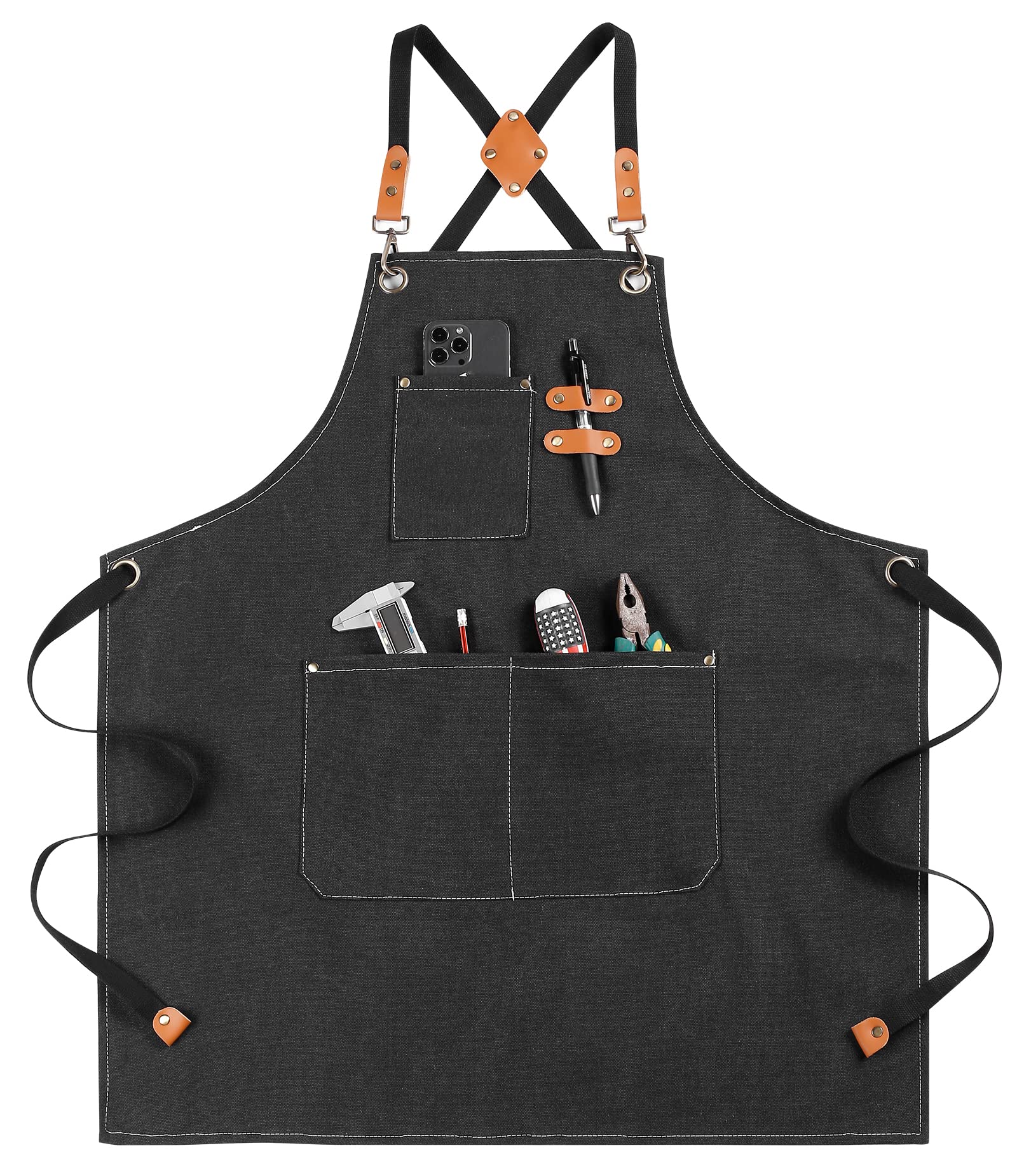 Chef Grill or Work Aprons for Women and Men with Large Pockets, Cross Back Waterproof Chef Apron, Adjustable Painting, Barbecue, Kitchen Cooking, Baking Apron, Work Shop Accessories M-XXL(BLACK)