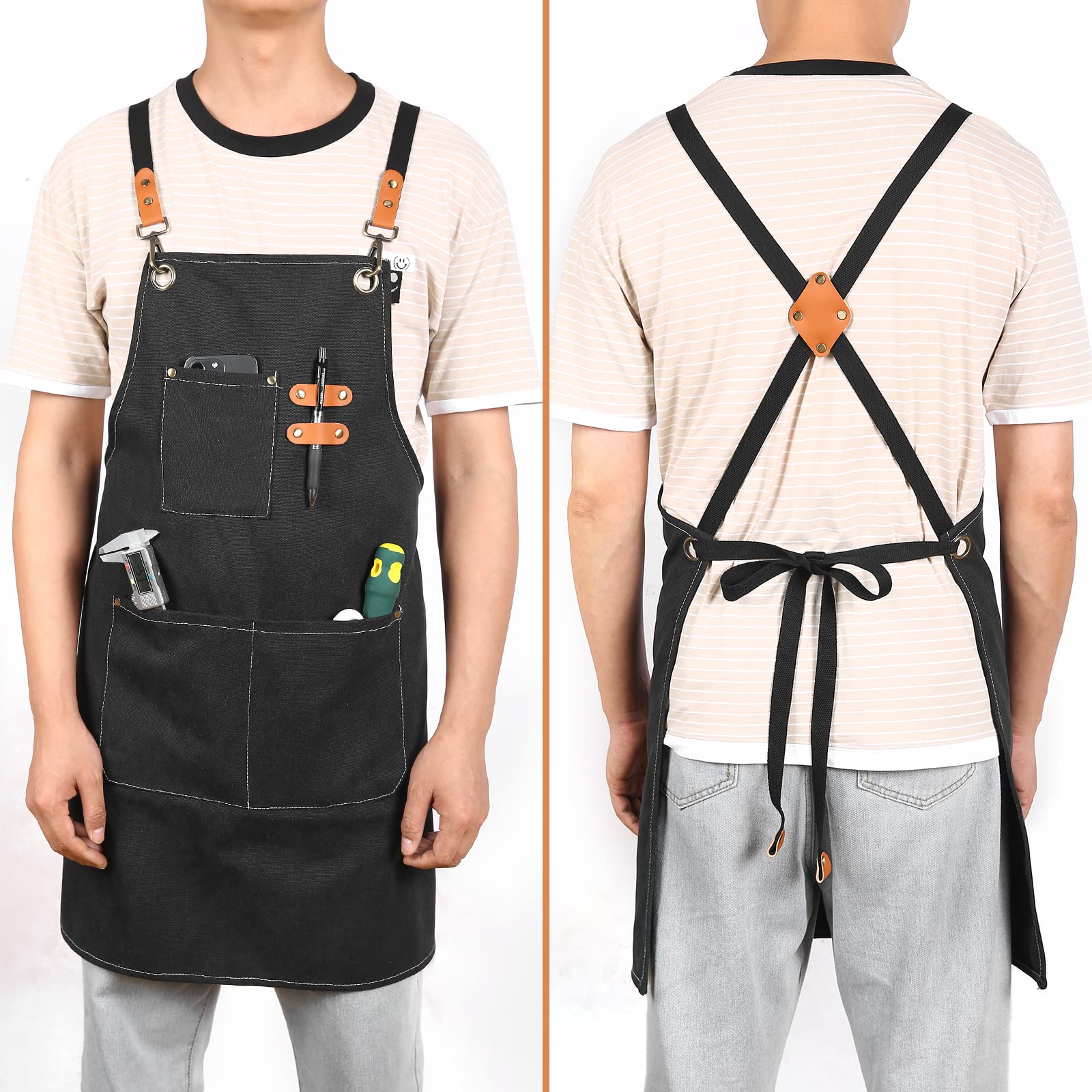 Chef Grill or Work Aprons for Women and Men with Large Pockets, Cross Back Waterproof Chef Apron, Adjustable Painting, Barbecue, Kitchen Cooking, Baking Apron, Work Shop Accessories M-XXL(BLACK)