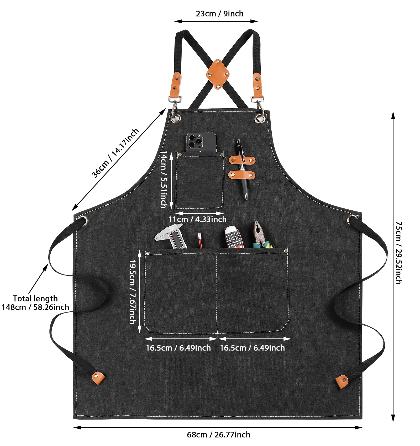 Chef Grill or Work Aprons for Women and Men with Large Pockets, Cross Back Waterproof Chef Apron, Adjustable Painting, Barbecue, Kitchen Cooking, Baking Apron, Work Shop Accessories M-XXL(BLACK)