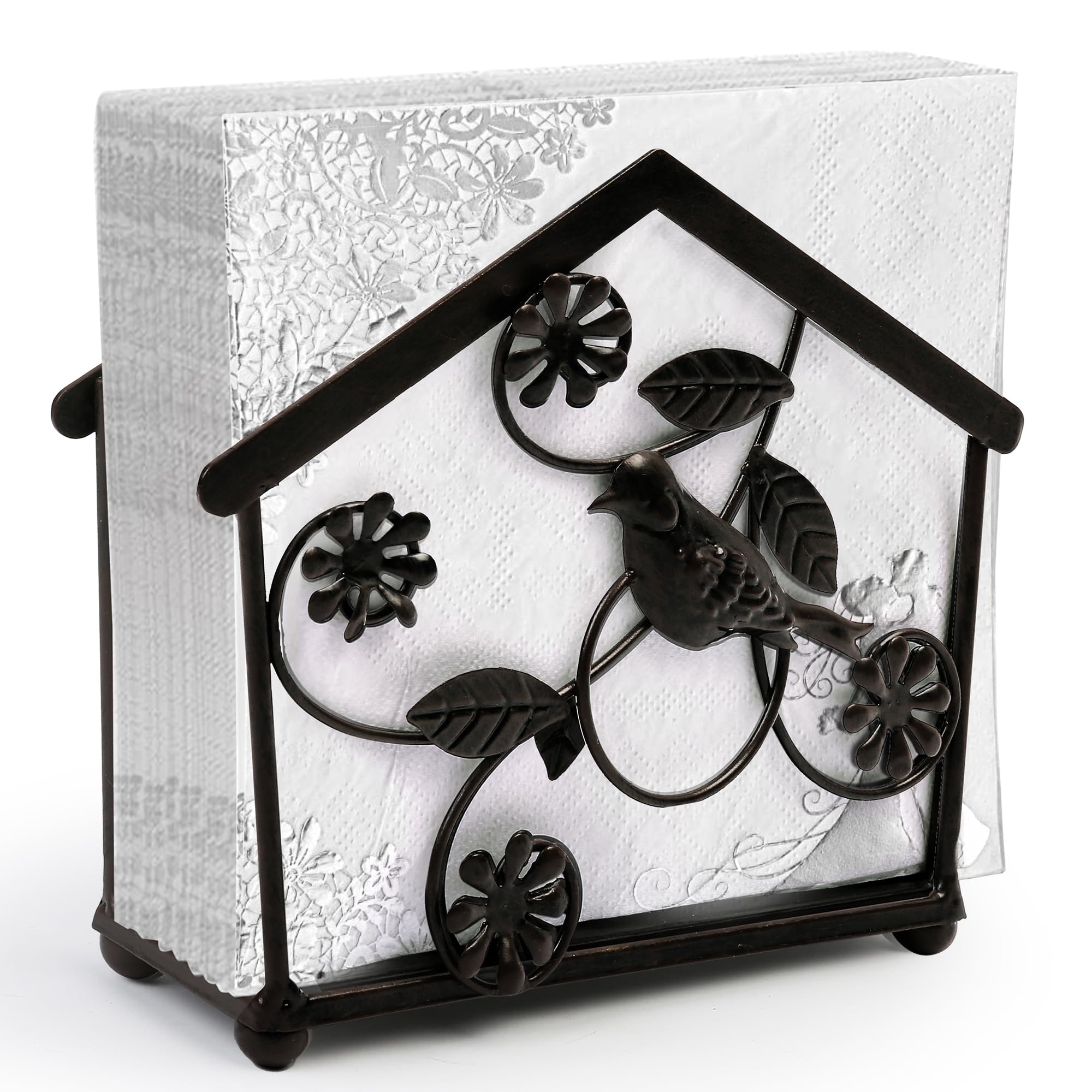 LotFancy Metal Napkin Holder, Upright Vintage Paper Tissue Dispenser Stand for Home, Kitchen, Tables, Indoor, Outdoor Yard, Bird & Flower Design