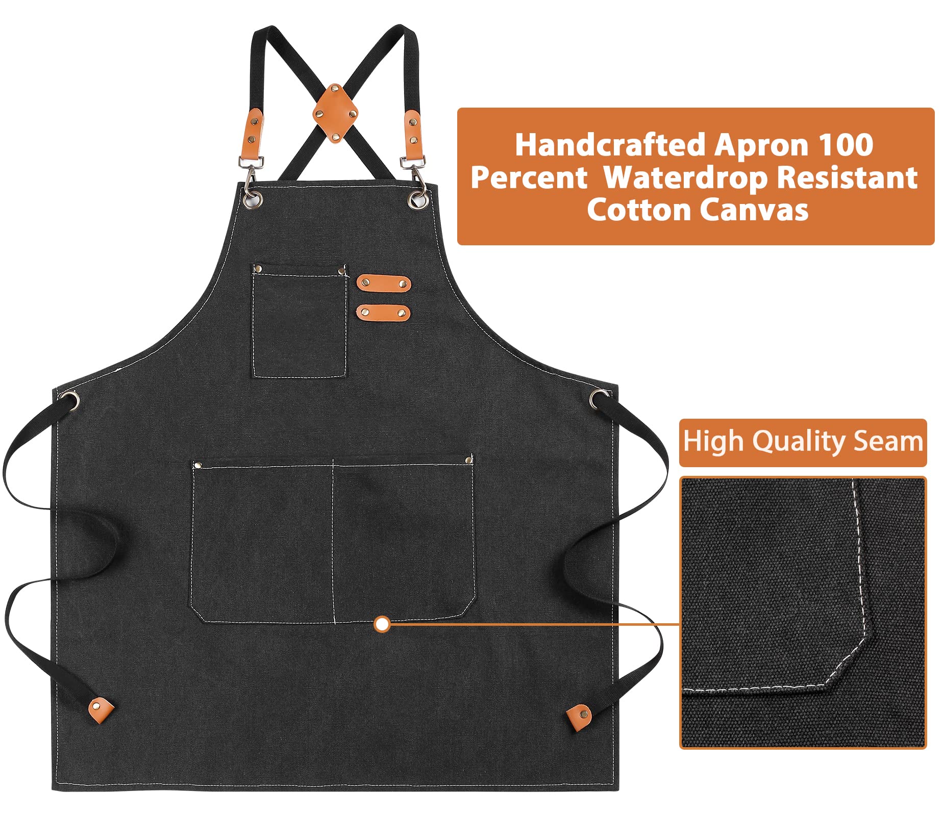 Chef Grill or Work Aprons for Women and Men with Large Pockets, Cross Back Waterproof Chef Apron, Adjustable Painting, Barbecue, Kitchen Cooking, Baking Apron, Work Shop Accessories M-XXL(BLACK)