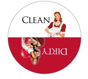 aloha girls gifts big 3.5” dirty clean dishwasher magnet ends common kitchen problem. adheres to any surface. red and white.