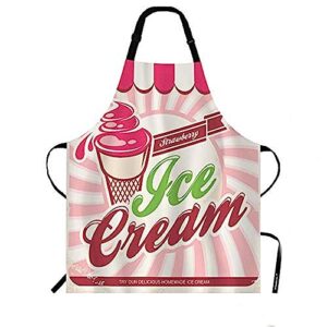 wondertify ice cream apron,vintage background ribbon with delicious homemade dessert strawberry bib apron with adjustable neck for men women,suitable for home kitchen cooking waitress chef apron