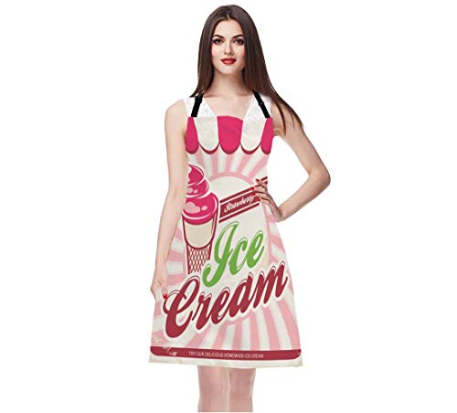 WONDERTIFY Ice Cream Apron,Vintage Background Ribbon with Delicious Homemade Dessert Strawberry Bib Apron with Adjustable Neck for Men Women,Suitable for Home Kitchen Cooking Waitress Chef Apron