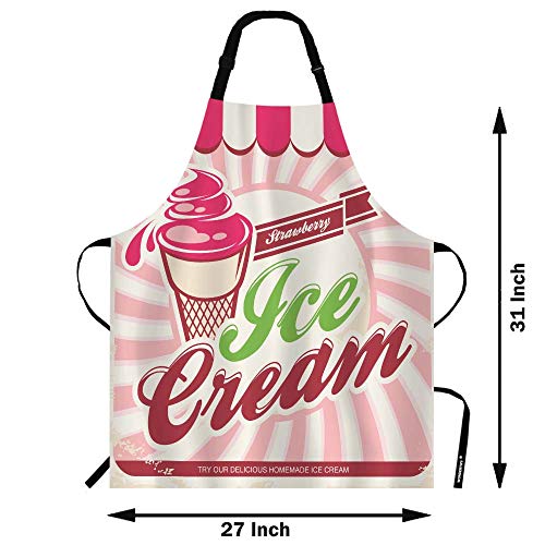 WONDERTIFY Ice Cream Apron,Vintage Background Ribbon with Delicious Homemade Dessert Strawberry Bib Apron with Adjustable Neck for Men Women,Suitable for Home Kitchen Cooking Waitress Chef Apron