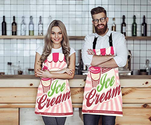 WONDERTIFY Ice Cream Apron,Vintage Background Ribbon with Delicious Homemade Dessert Strawberry Bib Apron with Adjustable Neck for Men Women,Suitable for Home Kitchen Cooking Waitress Chef Apron