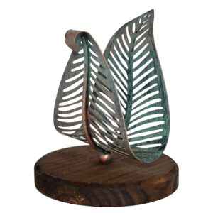 OwlGift Freestanding Modern Napkin Holder w/Golden Turquoise Metal Leaf & Brown Wooden Base Design, Tabletop Tissue Dispenser, Napkin Storage Organizer