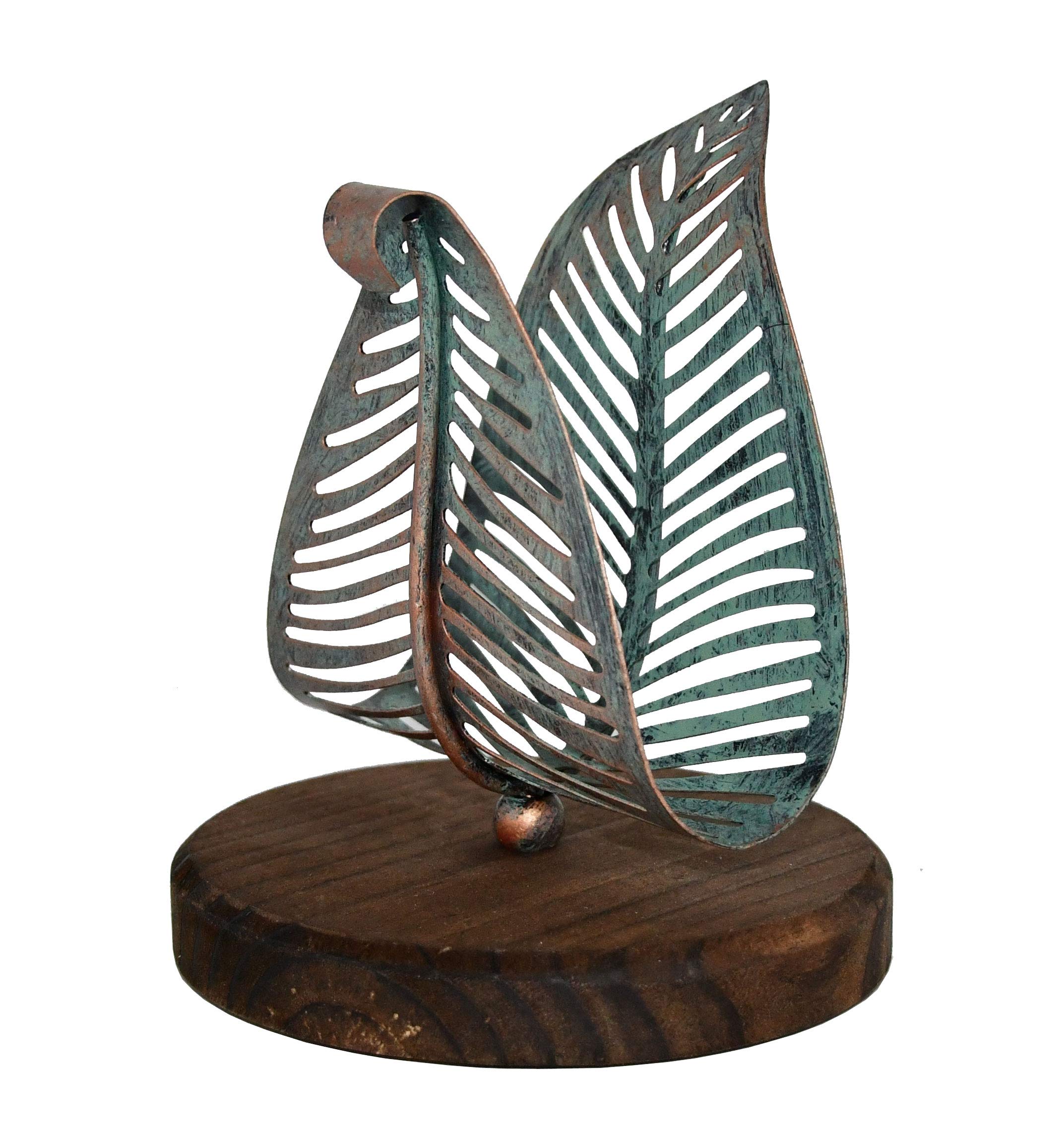 OwlGift Freestanding Modern Napkin Holder w/Golden Turquoise Metal Leaf & Brown Wooden Base Design, Tabletop Tissue Dispenser, Napkin Storage Organizer