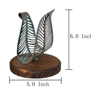 OwlGift Freestanding Modern Napkin Holder w/Golden Turquoise Metal Leaf & Brown Wooden Base Design, Tabletop Tissue Dispenser, Napkin Storage Organizer