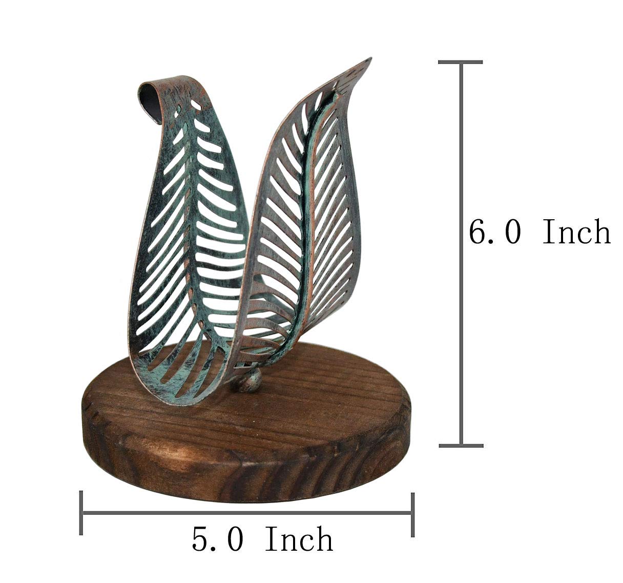 OwlGift Freestanding Modern Napkin Holder w/Golden Turquoise Metal Leaf & Brown Wooden Base Design, Tabletop Tissue Dispenser, Napkin Storage Organizer