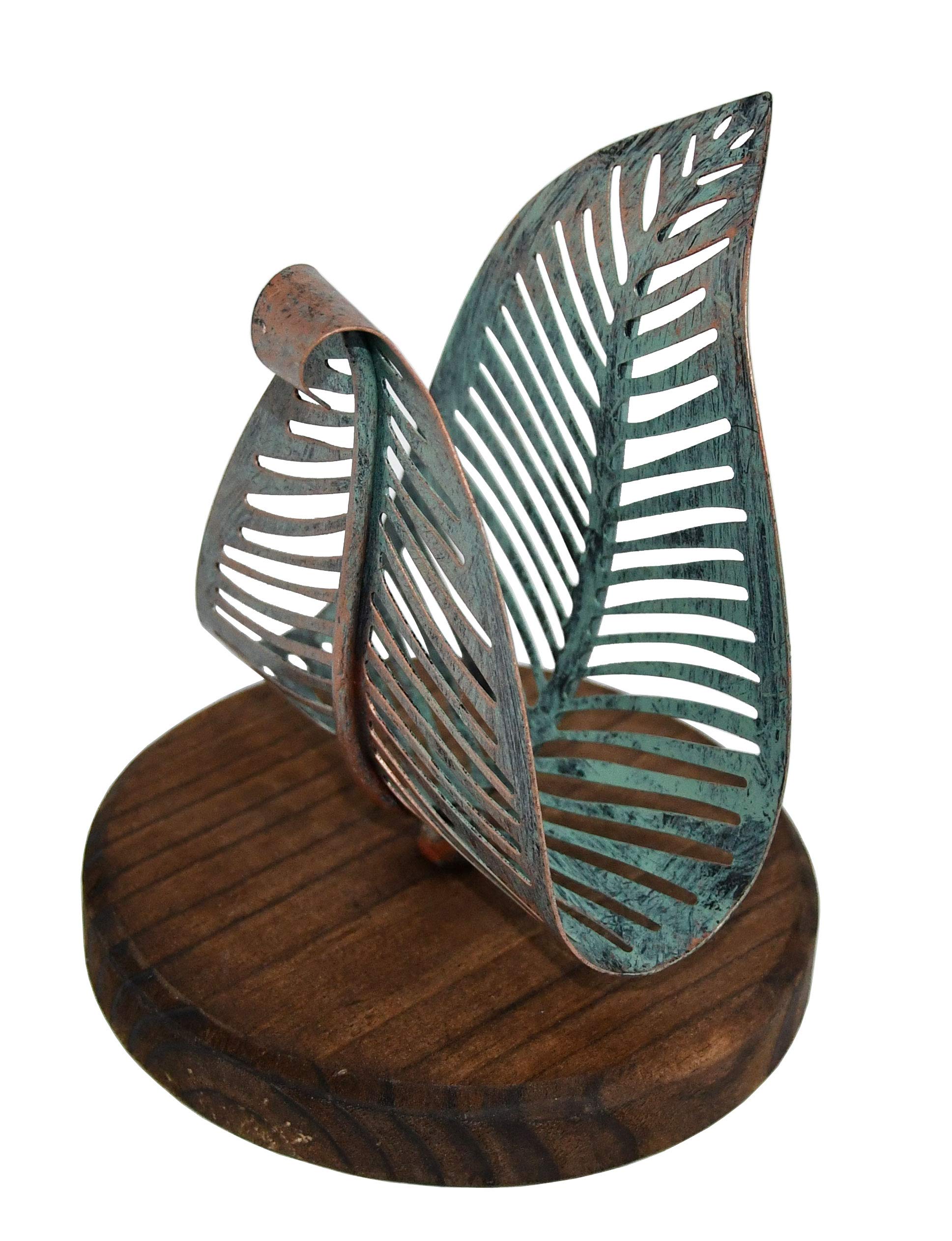 OwlGift Freestanding Modern Napkin Holder w/Golden Turquoise Metal Leaf & Brown Wooden Base Design, Tabletop Tissue Dispenser, Napkin Storage Organizer