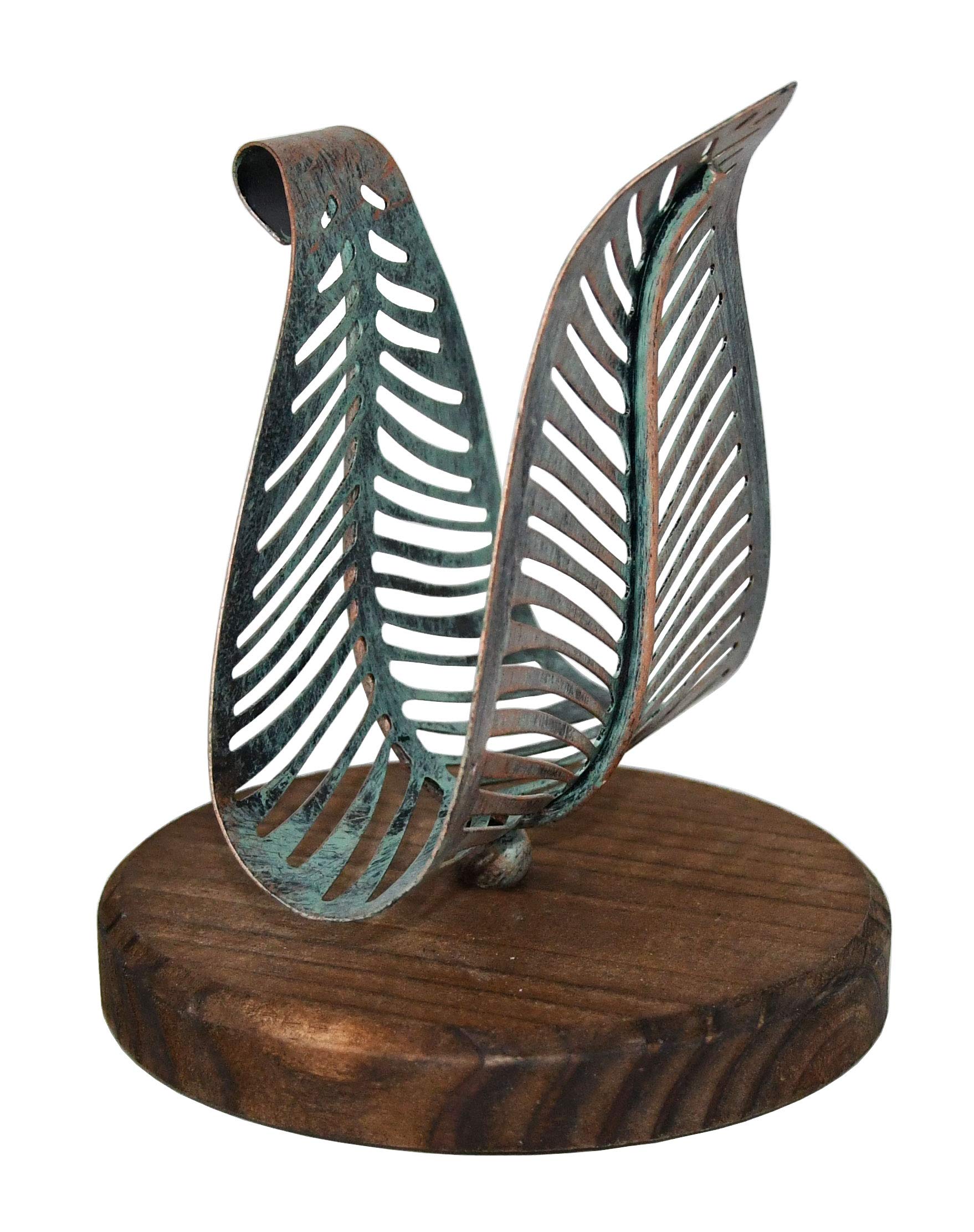 OwlGift Freestanding Modern Napkin Holder w/Golden Turquoise Metal Leaf & Brown Wooden Base Design, Tabletop Tissue Dispenser, Napkin Storage Organizer