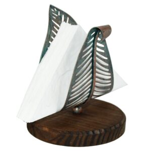 OwlGift Freestanding Modern Napkin Holder w/Golden Turquoise Metal Leaf & Brown Wooden Base Design, Tabletop Tissue Dispenser, Napkin Storage Organizer