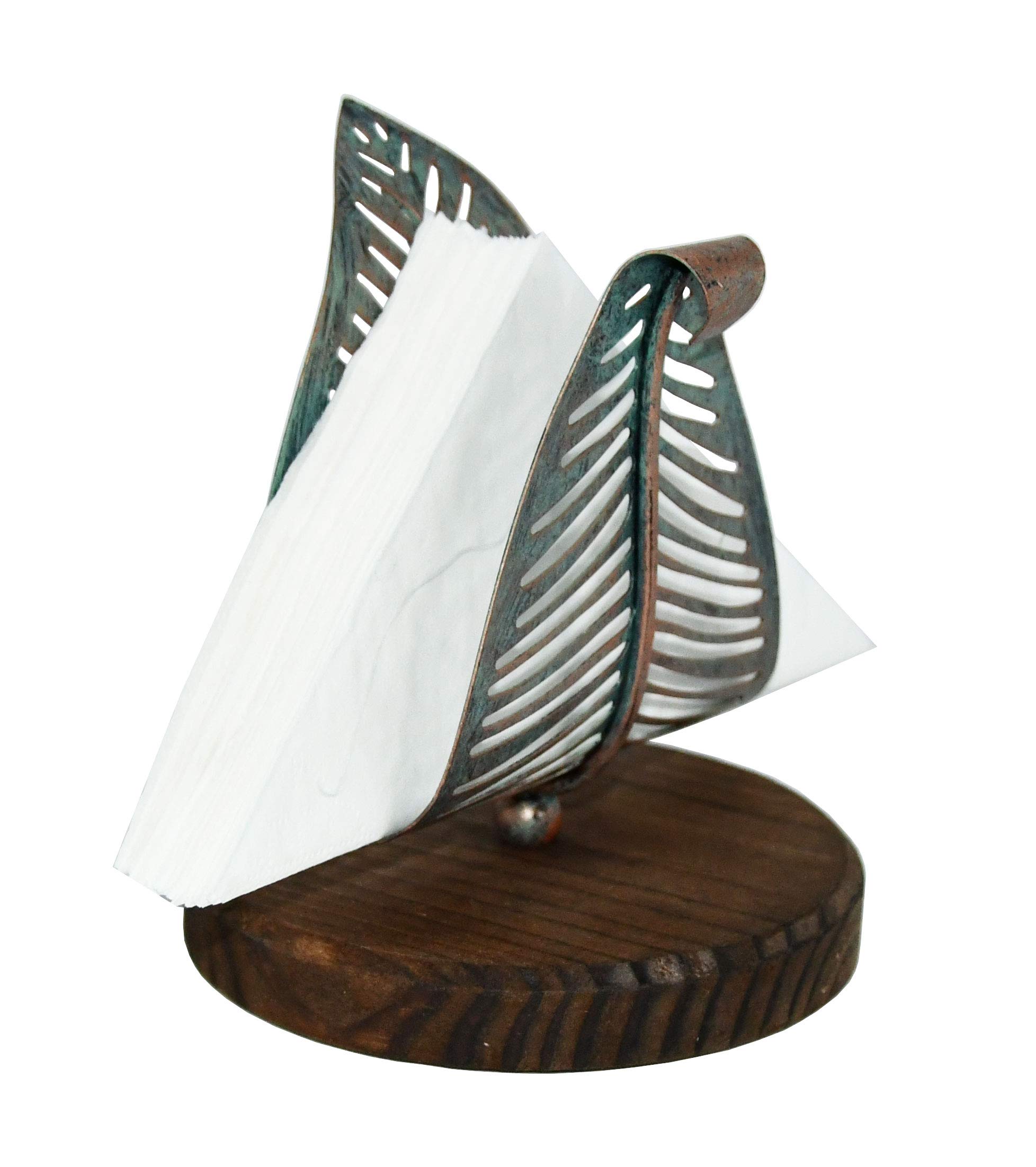 OwlGift Freestanding Modern Napkin Holder w/Golden Turquoise Metal Leaf & Brown Wooden Base Design, Tabletop Tissue Dispenser, Napkin Storage Organizer