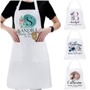 floral aprons w/name w/2 pockets - personalized kitchen apron gifts for women - customized white chef apron - custom baking cooking barbecue grilling funny unisex cotton apron valentine's day gift c2