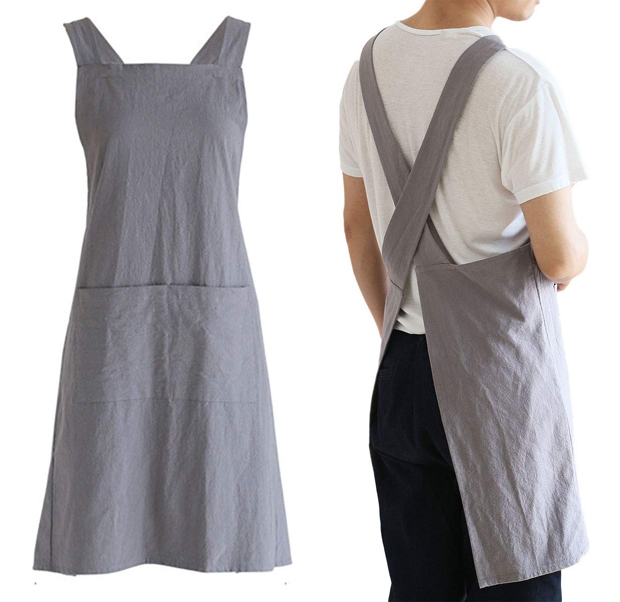 losofar Women Men Cotton/Linen Japanese Style Cross Back Aprons Pinafore Dress with Two Pockets for Cooking, Housewarming, Daily Chores(grey, 24×27.6inch)