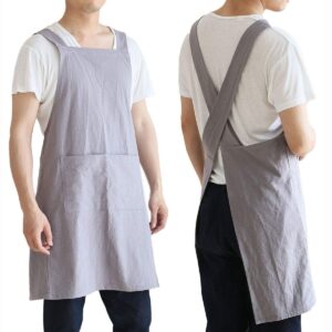 losofar Women Men Cotton/Linen Japanese Style Cross Back Aprons Pinafore Dress with Two Pockets for Cooking, Housewarming, Daily Chores(grey, 24×27.6inch)