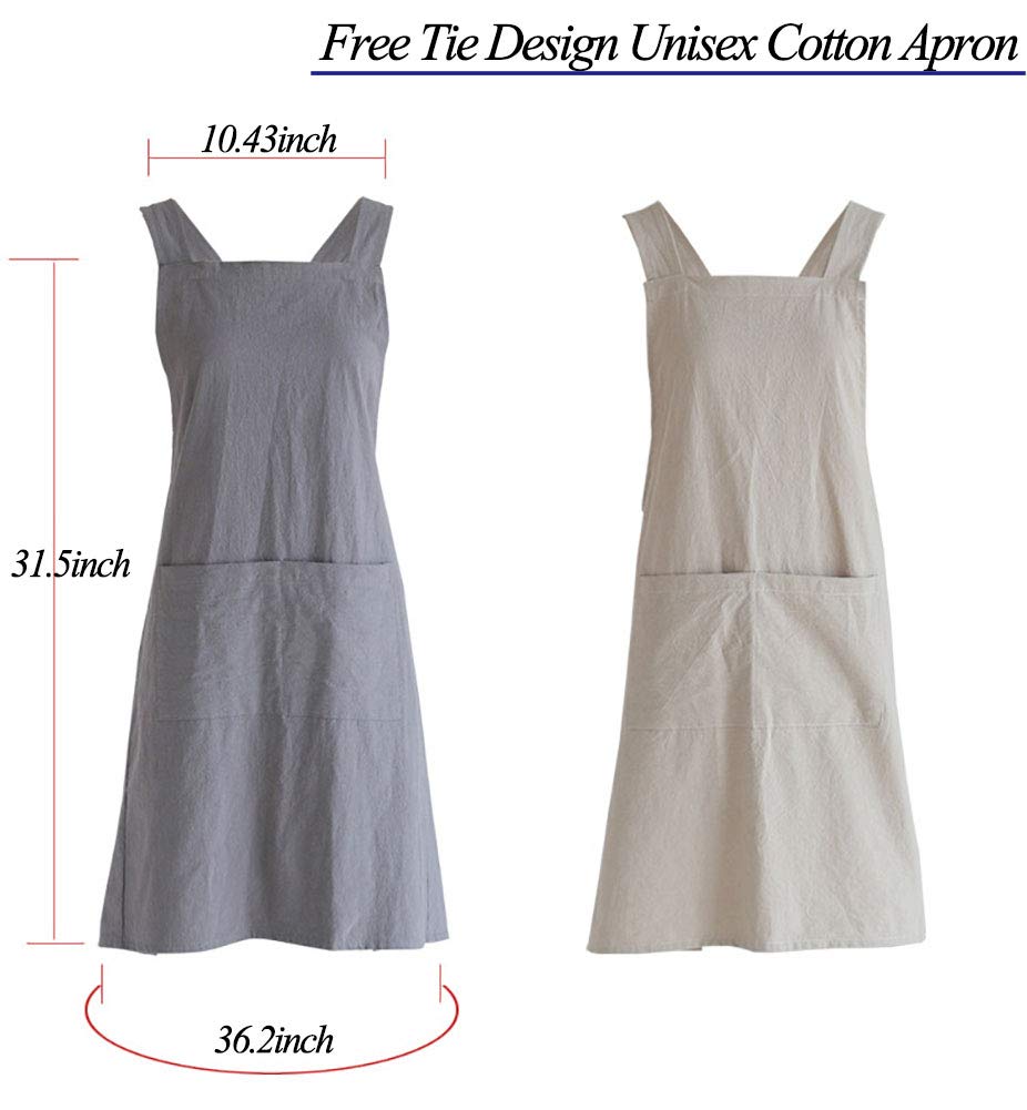 losofar Women Men Cotton/Linen Japanese Style Cross Back Aprons Pinafore Dress with Two Pockets for Cooking, Housewarming, Daily Chores(grey, 24×27.6inch)