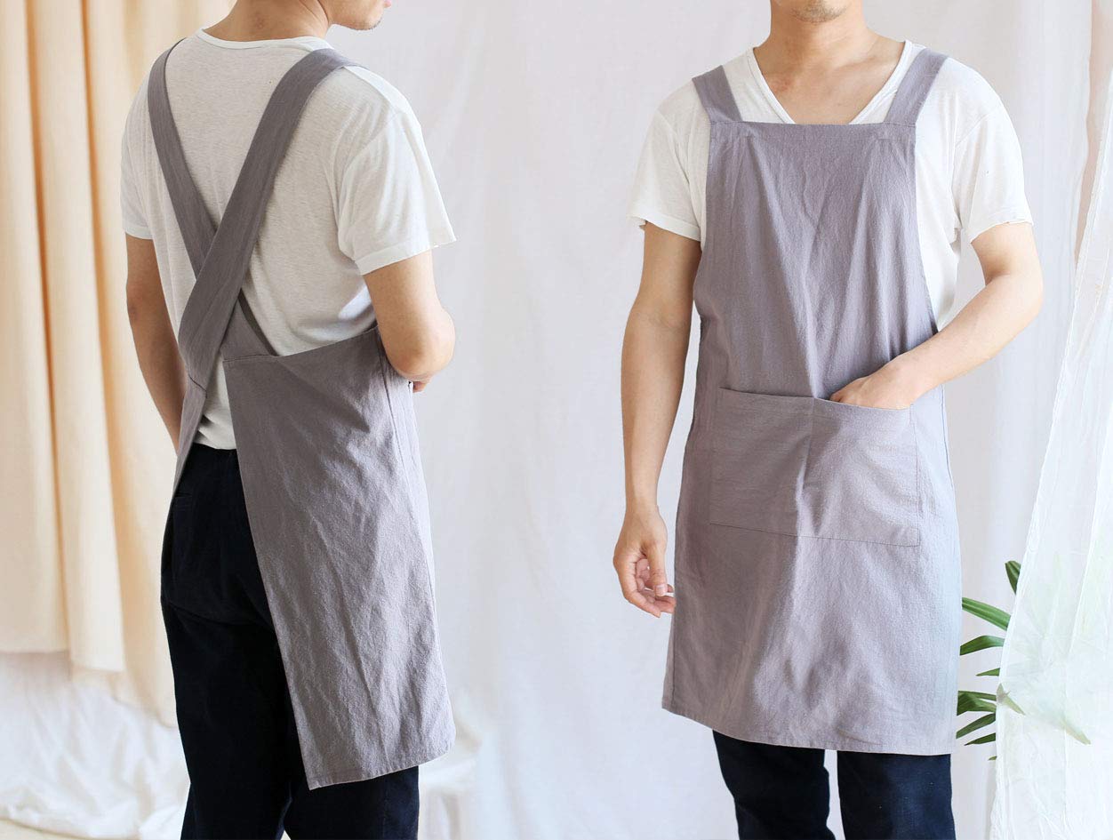 losofar Women Men Cotton/Linen Japanese Style Cross Back Aprons Pinafore Dress with Two Pockets for Cooking, Housewarming, Daily Chores(grey, 24×27.6inch)