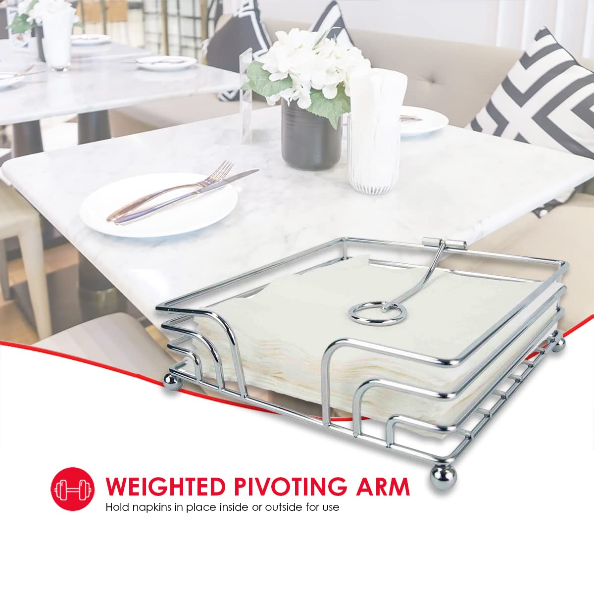 Home Basics Chrome Plated Steel Flat Napkin Holder with Weighted Pivoted Arm, Indoor and Outdoor Use, Silver (1)