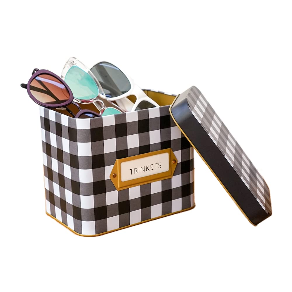 Indigo Essentials Plaid Tin Recipe Box with Cards and Dividers - Black and White Recipe Card Holder, Recipe Card Box and Recipe Cards 4x6, Metal Recipe Box, Decorative Tin Box