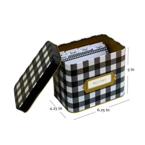 Indigo Essentials Plaid Tin Recipe Box with Cards and Dividers - Black and White Recipe Card Holder, Recipe Card Box and Recipe Cards 4x6, Metal Recipe Box, Decorative Tin Box