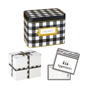 Indigo Essentials Plaid Tin Recipe Box with Cards and Dividers - Black and White Recipe Card Holder, Recipe Card Box and Recipe Cards 4x6, Metal Recipe Box, Decorative Tin Box