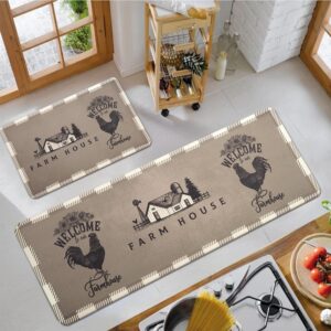 aqqa kitchen mat, anti fatigue rooster buffalo plaid sunflower farmhouse rugs, waterproof & non-slip pvc leather floor mat for kitchen, sink, office, laundry, set of 2 (brown, 17"x27"+17"x47")