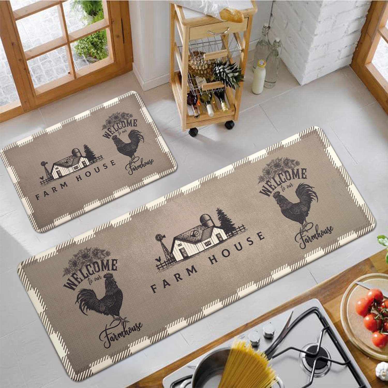 AQQA Kitchen Mat, Anti Fatigue Rooster Buffalo Plaid Sunflower Farmhouse Rugs, Waterproof & Non-Slip PVC Leather Floor Mat for Kitchen, Sink, Office, Laundry, Set of 2 (Brown, 17"x27"+17"x47")