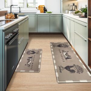 AQQA Kitchen Mat, Anti Fatigue Rooster Buffalo Plaid Sunflower Farmhouse Rugs, Waterproof & Non-Slip PVC Leather Floor Mat for Kitchen, Sink, Office, Laundry, Set of 2 (Brown, 17"x27"+17"x47")