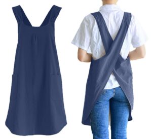losofar soft cotton linen apron cross back x-shaped japanese style pinafore dress for cooking, housewarming, daily chores (darkblue, (28.3"x 35.4"))