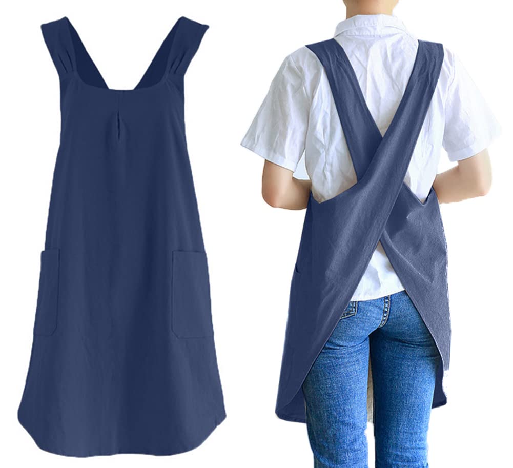 losofar Soft Cotton Linen Apron Cross Back X-Shaped Japanese Style Pinafore Dress for Cooking, Housewarming, Daily Chores (darkblue, (28.3"x 35.4"))