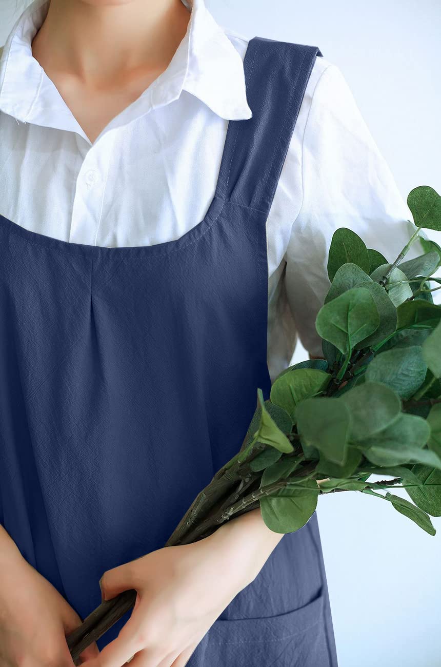 losofar Soft Cotton Linen Apron Cross Back X-Shaped Japanese Style Pinafore Dress for Cooking, Housewarming, Daily Chores (darkblue, (28.3"x 35.4"))