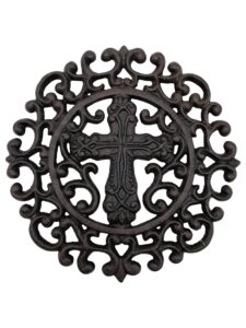 comfy hour antique and vintage collection cast iron round cross trivet 9" d black