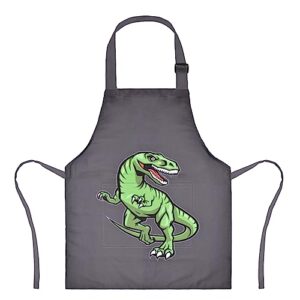 mryuwb kids boys dinosaur apron, girls aprons for cooking, painting, kitchen chef apron for children 3-12 years (black & green dinosaur, large (6-12 years))