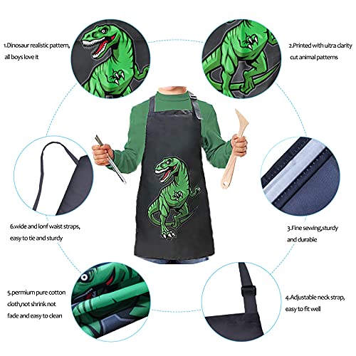 MRYUWB Kids Boys Dinosaur Apron, Girls Aprons for Cooking, Painting, Kitchen Chef Apron for Children 3-12 Years (Black & Green Dinosaur, Large (6-12 Years))