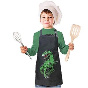 MRYUWB Kids Boys Dinosaur Apron, Girls Aprons for Cooking, Painting, Kitchen Chef Apron for Children 3-12 Years (Black & Green Dinosaur, Large (6-12 Years))