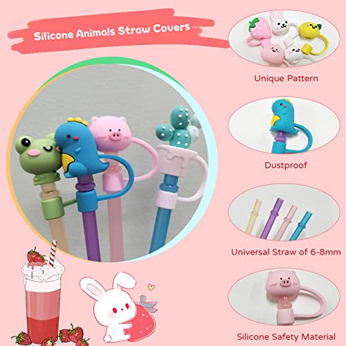 SYOUACEND 10pcs Animals Straw Tips Cover, Silicone Straw Toppers for 6mm (1/4 Inch) Small Size Straw Dust-Proof Straw Cover Plugs for Drinking Straws Portable Straw Caps Decoration