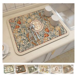 fantasy style draining mat, absorbent dish drying mat, drying pads for kitchen counter, vintage floral plates non-slip drain pad quick dry mats kitchen accessories (a)