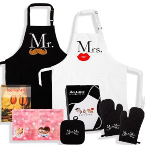 mr and mrs aprons kitchen bundle - includes adjustable his and her aprons, date night cookbook, 2 oven mitts & 1 pot holder - perfect newlywed gift for bridal shower, housewarming & weddings…